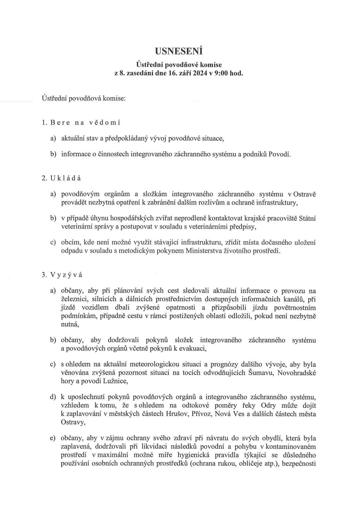 Usnesení Ústřední povodňové komise z 8. zasedání dne 16.9.2024
