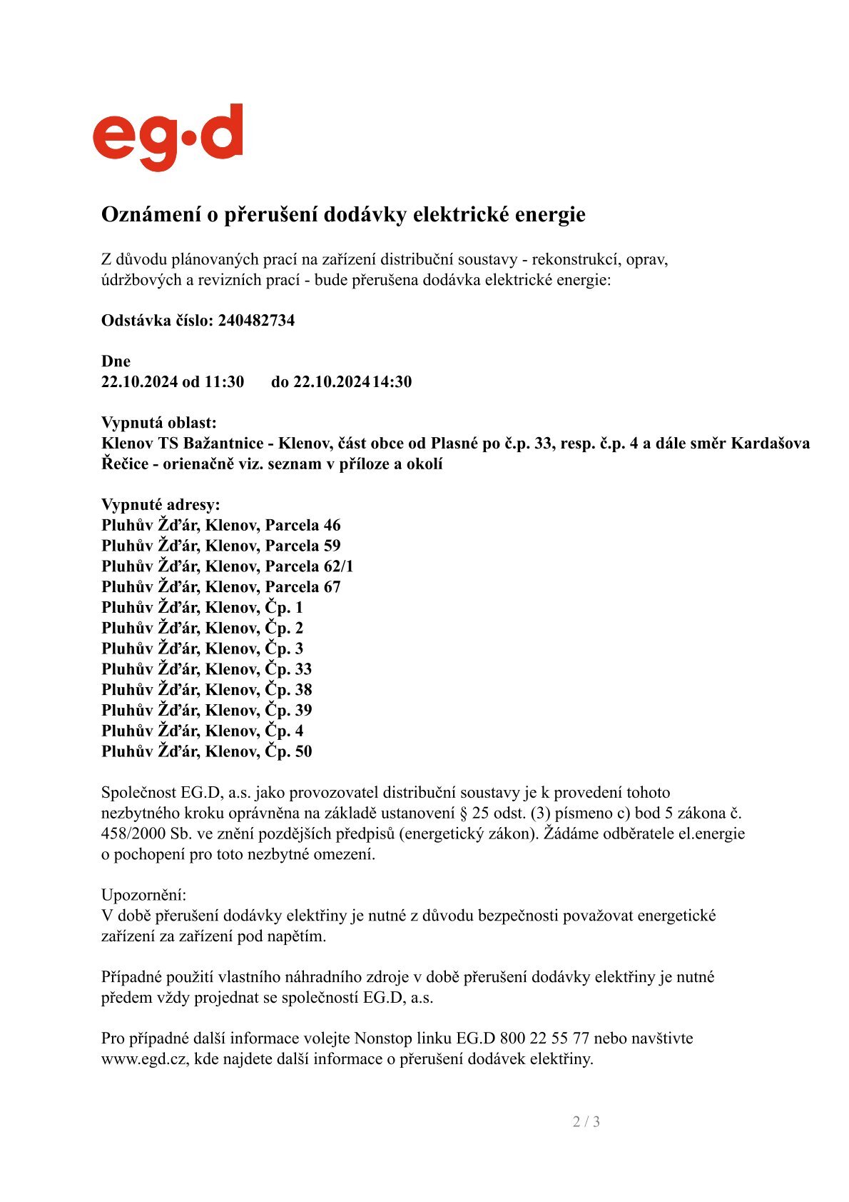 Přerušení dodávek elektrické energie - Klenov - 22.10.2024